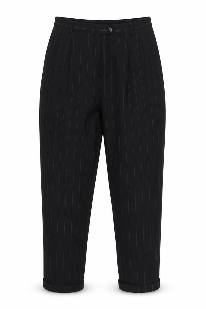 Marks & Spencer Women Black Pinstripe Wool Pleated Trousers UK 14