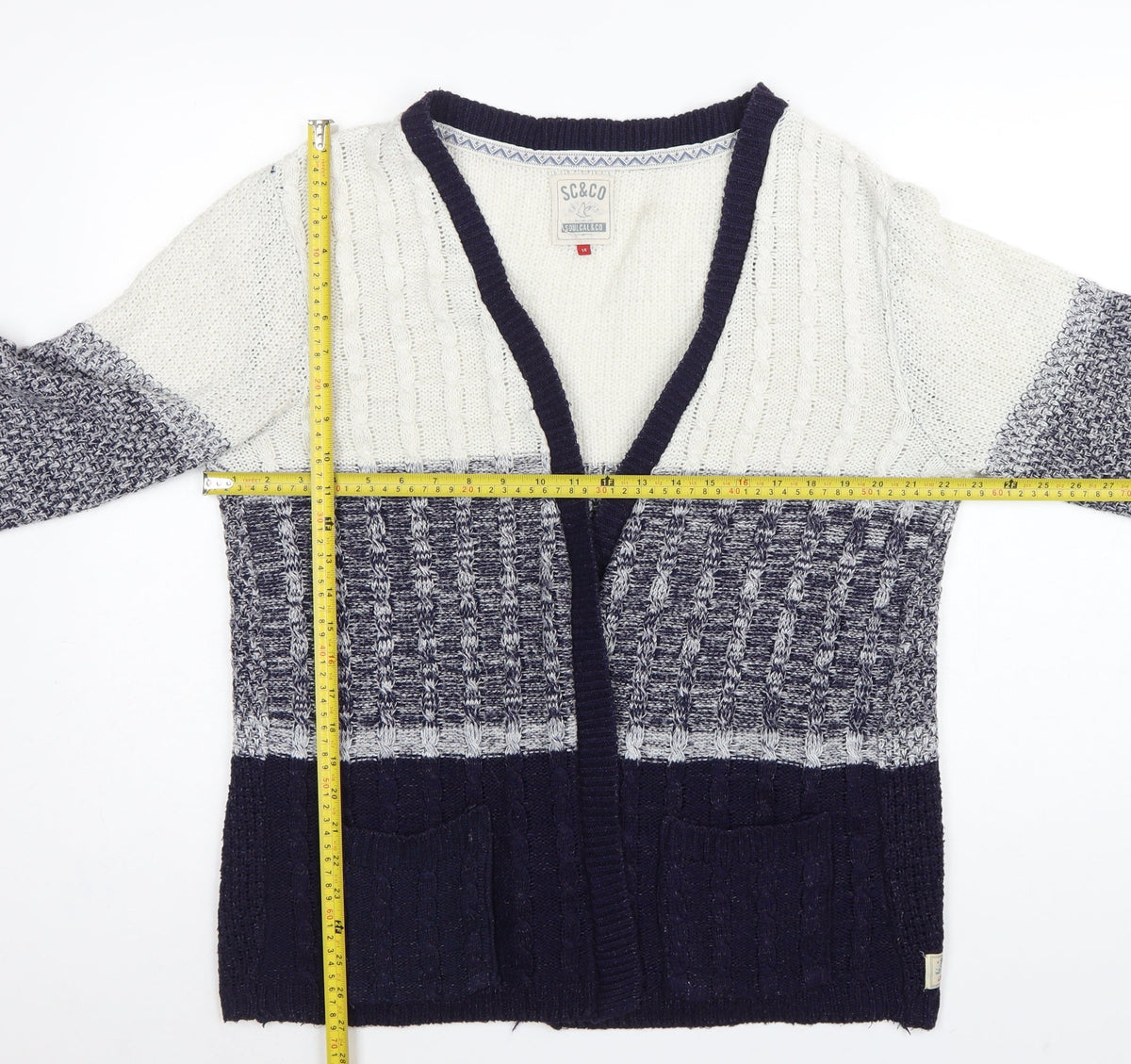 Soulcal & Co Women’s Blue Ivory Cable Knit Open Cardigan Size 14