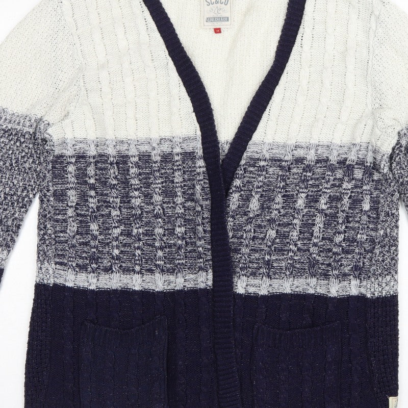 Soulcal & Co Women’s Blue Ivory Cable Knit Open Cardigan Size 14