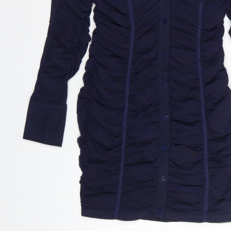 Zara Women Blue M Ruched Mesh Long Sleeve Shirt Dress