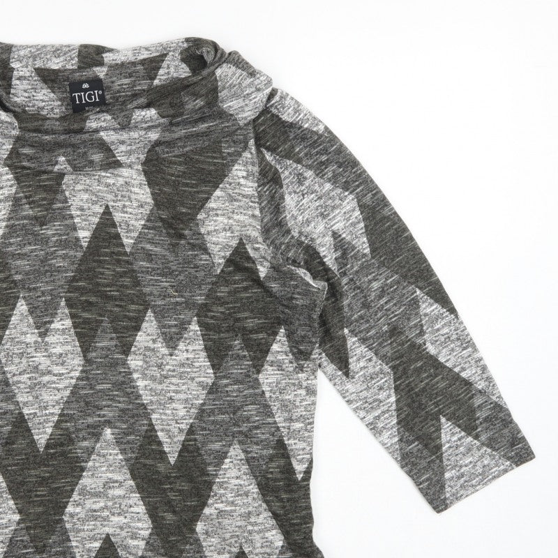 TIGI Women Grey Argyle Cowl Neck Knit Tunic Top UK 14/16