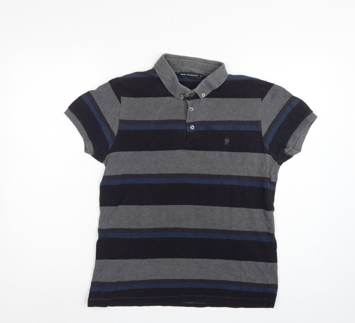French Connection Men Grey Navy Striped Button-Down Polo Shirt M