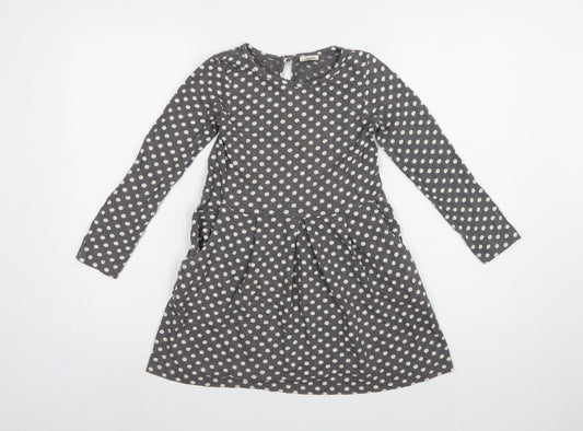 Mini Boden Girls Grey Polka Dot Skater Dress 7-8 Years Long Sleeve