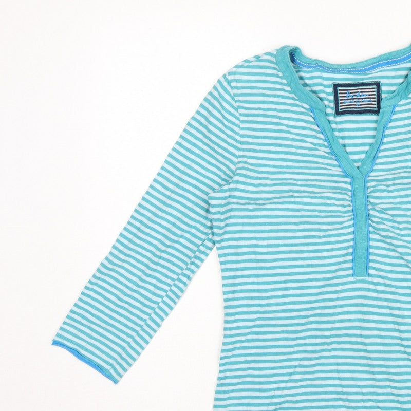 Boden Women Blue Striped Size 12 Long Sleeve V-Neck Henley T-Shirt