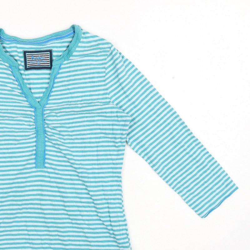 Boden Women Blue Striped Size 12 Long Sleeve V-Neck Henley T-Shirt