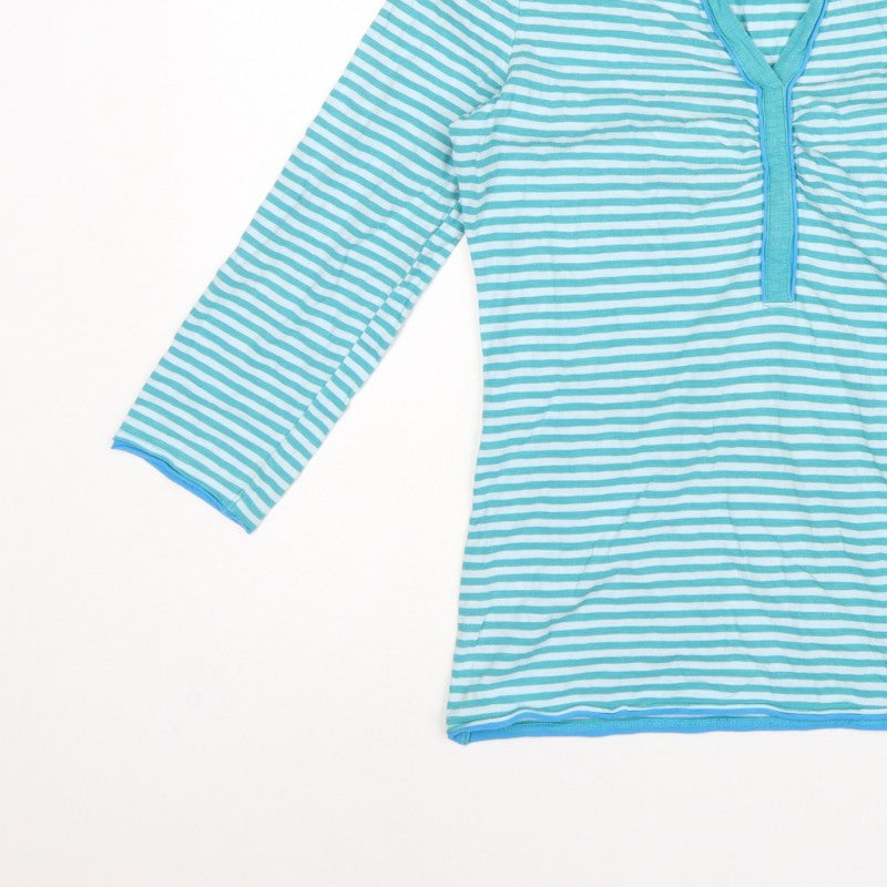 Boden Women Blue Striped Size 12 Long Sleeve V-Neck Henley T-Shirt