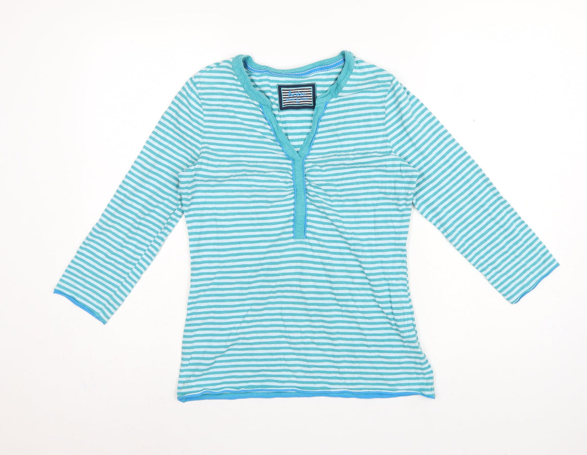 Boden Women Blue Striped Size 12 Long Sleeve V-Neck Henley T-Shirt