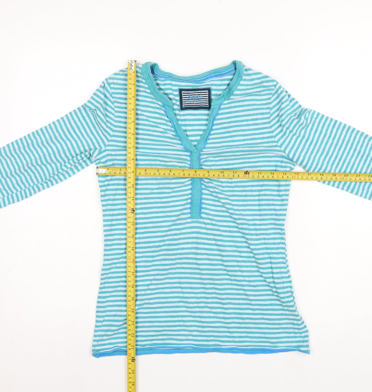 Boden Women Blue Striped Size 12 Long Sleeve V-Neck Henley T-Shirt