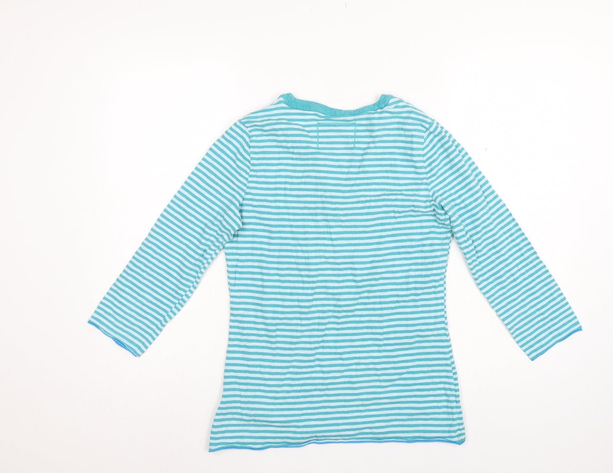 Boden Women Blue Striped Size 12 Long Sleeve V-Neck Henley T-Shirt