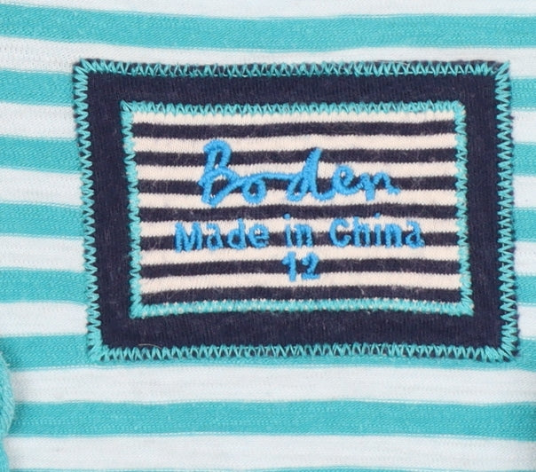 Boden Women Blue Striped Size 12 Long Sleeve V-Neck Henley T-Shirt