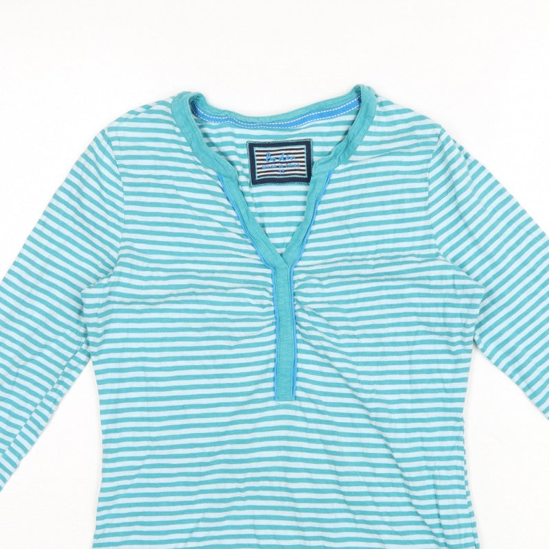 Boden Women Blue Striped Size 12 Long Sleeve V-Neck Henley T-Shirt