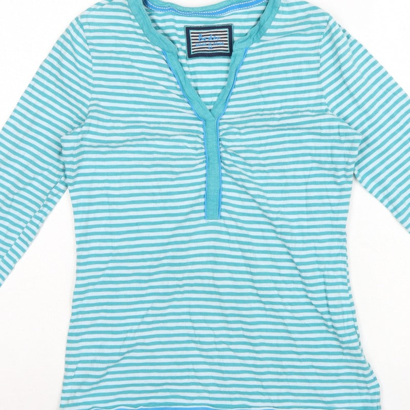 Boden Women Blue Striped Size 12 Long Sleeve V-Neck Henley T-Shirt