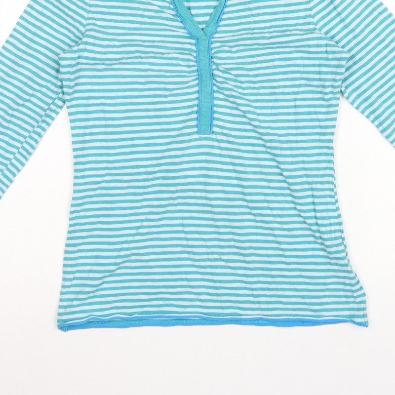 Boden Women Blue Striped Size 12 Long Sleeve V-Neck Henley T-Shirt