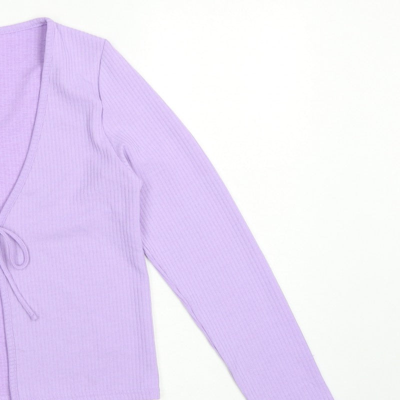 H&M Women Purple M Rib Knit Tie Front Wrap Blouse Long Sleeve