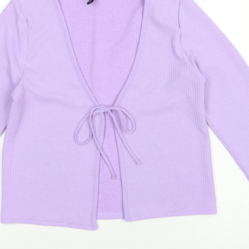 H&M Women Purple M Rib Knit Tie Front Wrap Blouse Long Sleeve