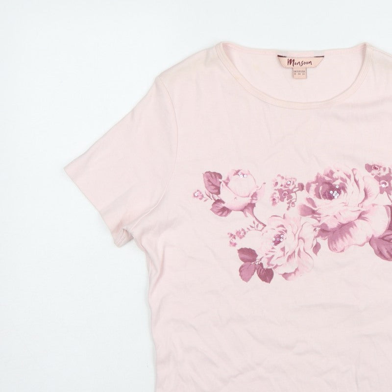Monsoon Women Pink UK 18 Floral Sequin Cotton Jersey T-Shirt