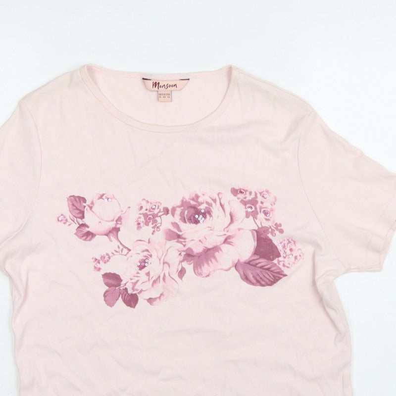 Monsoon Women Pink UK 18 Floral Sequin Cotton Jersey T-Shirt