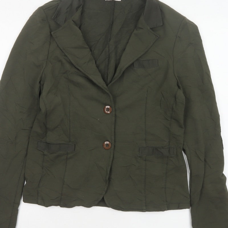 Billi Women Green M Cotton Stretch 2 Button Notch Lapel Blazer Jacket