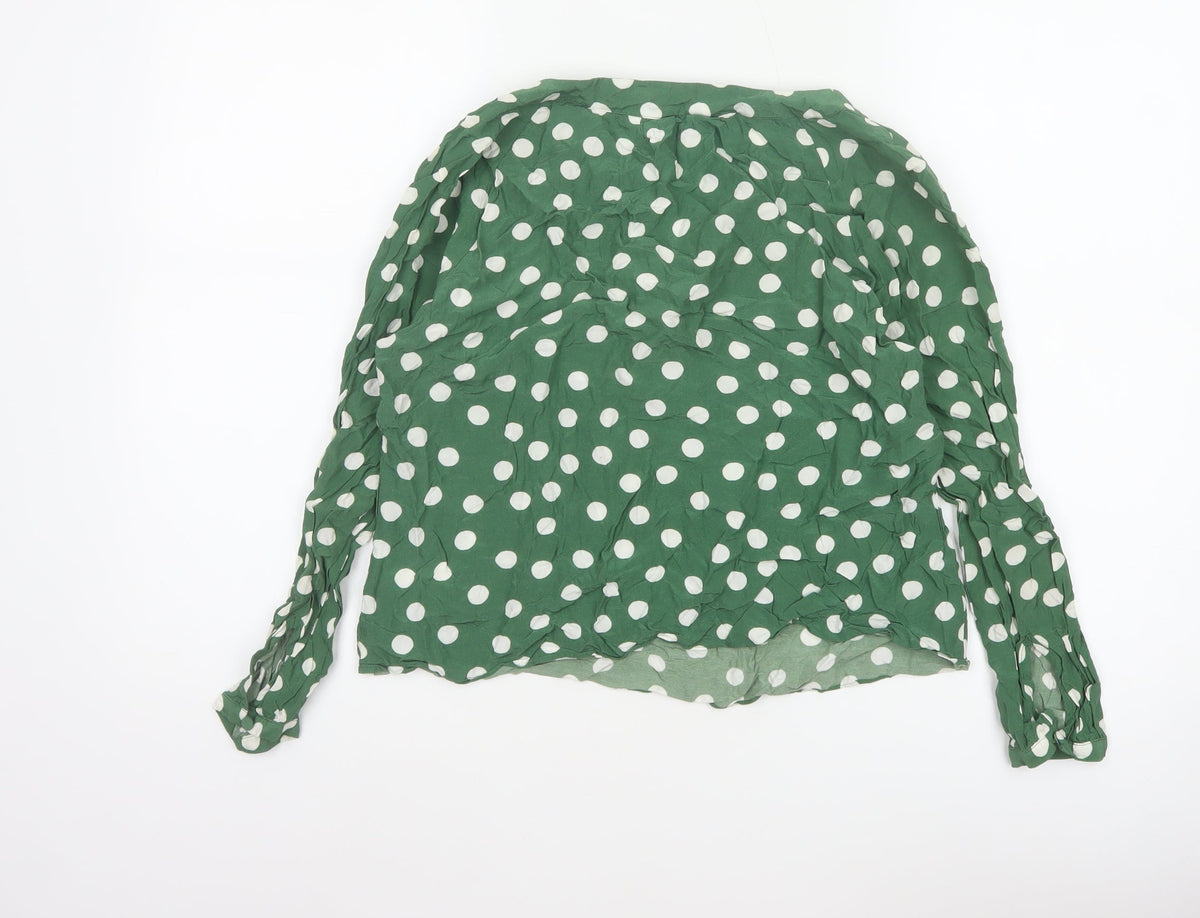 Boden Women Green UK 12 Petite Polka Dot V-Neck Ruffle Blouse