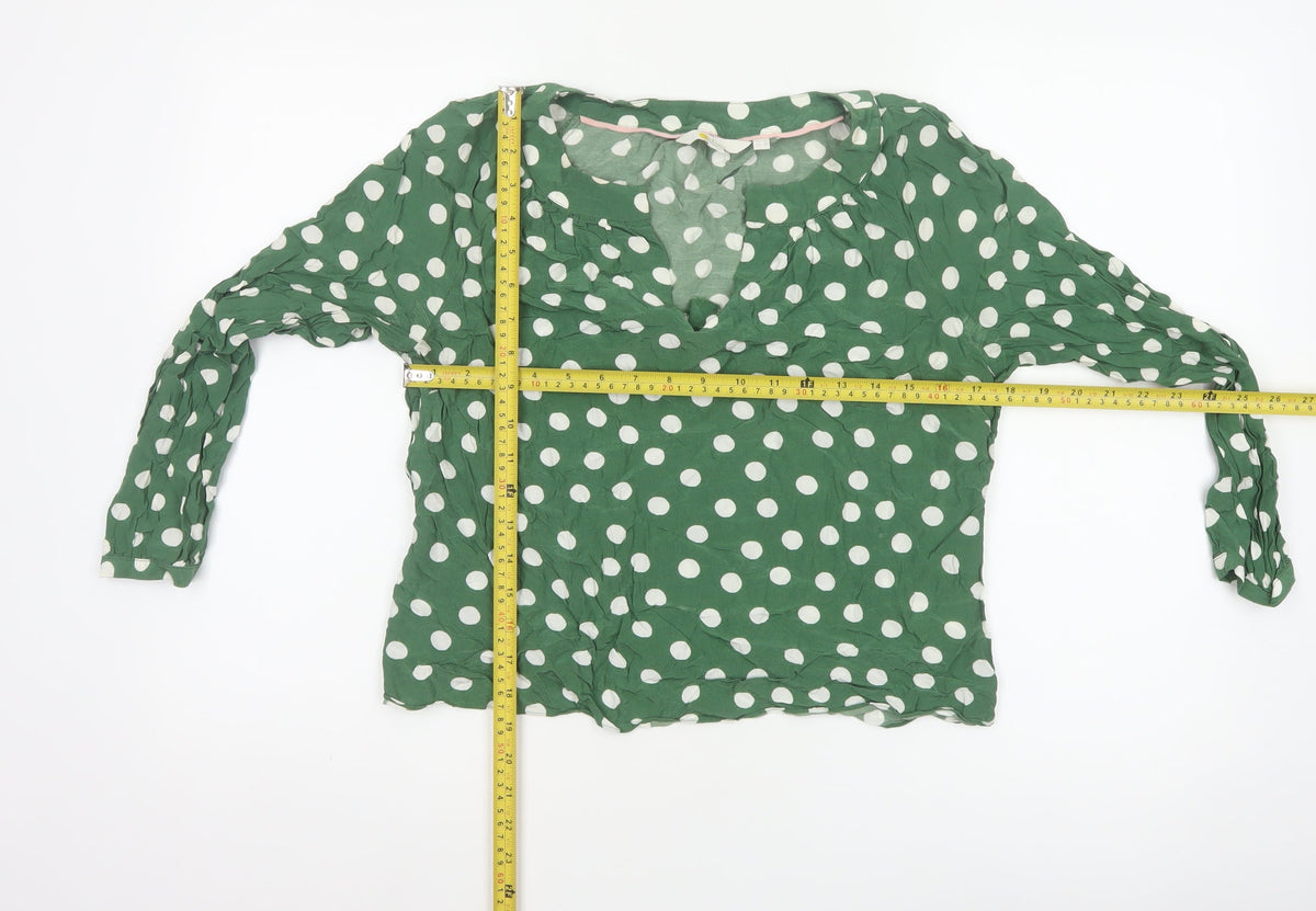 Boden Women Green UK 12 Petite Polka Dot V-Neck Ruffle Blouse