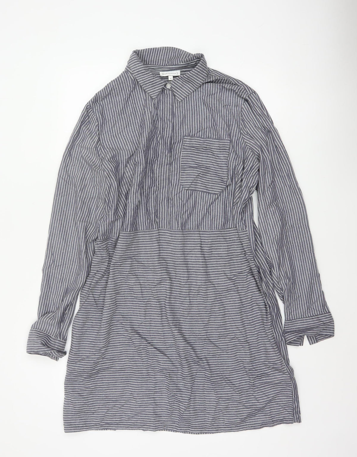 Warehouse Women Grey Stripe Shirt Dress UK 16 Collared Long Sleeve
