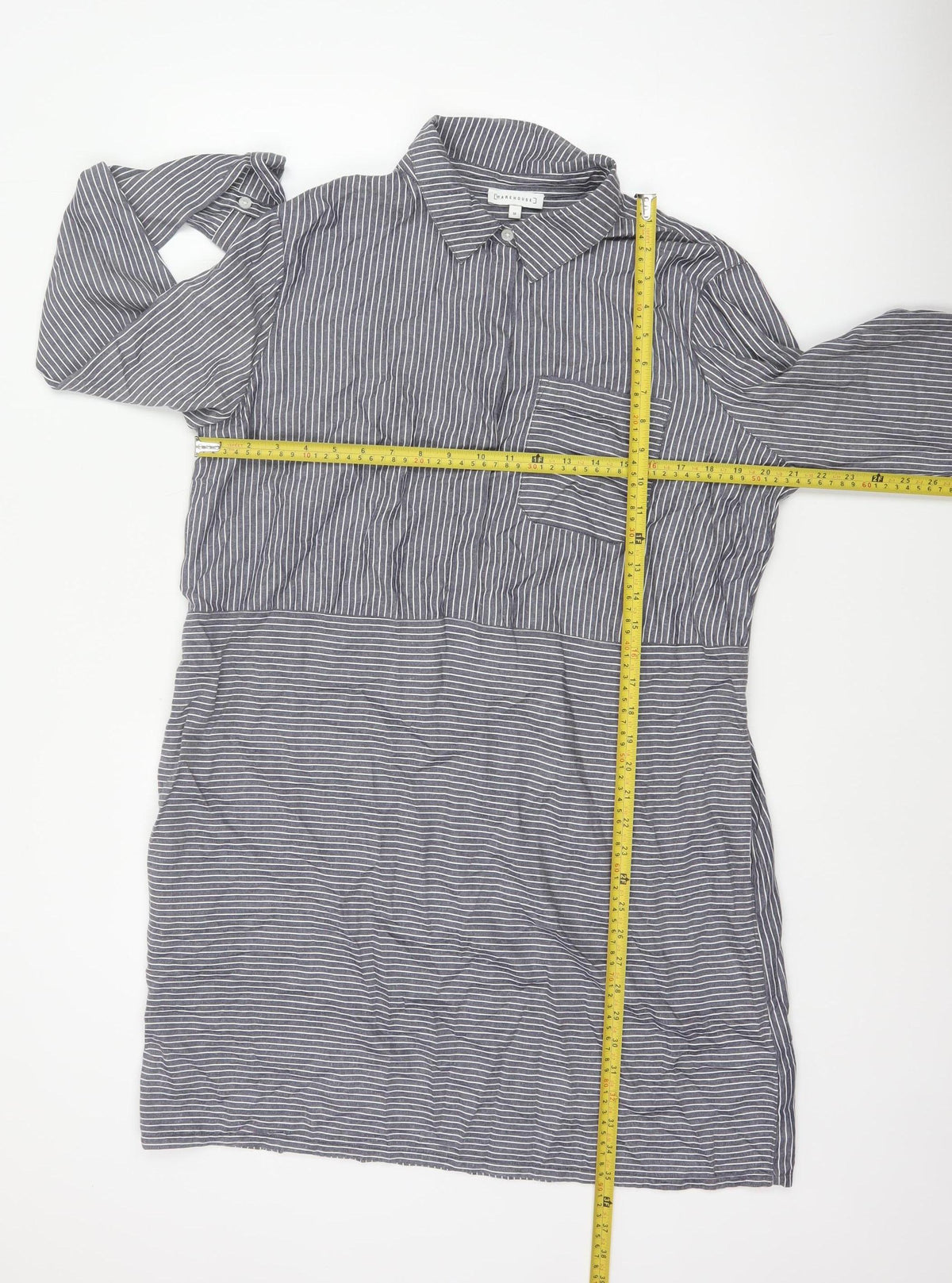 Warehouse Women Grey Stripe Shirt Dress UK 16 Collared Long Sleeve