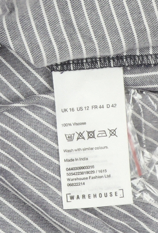 Warehouse Women Grey Stripe Shirt Dress UK 16 Collared Long Sleeve