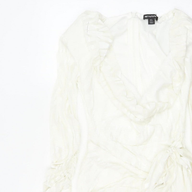 PrettyLittleThing Women Ivory UK 8 Ruffle Wrap Mini Party Dress