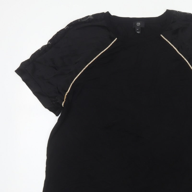 River Island Women Black Size 22 Rhinestone Lace Sleeve Blouse