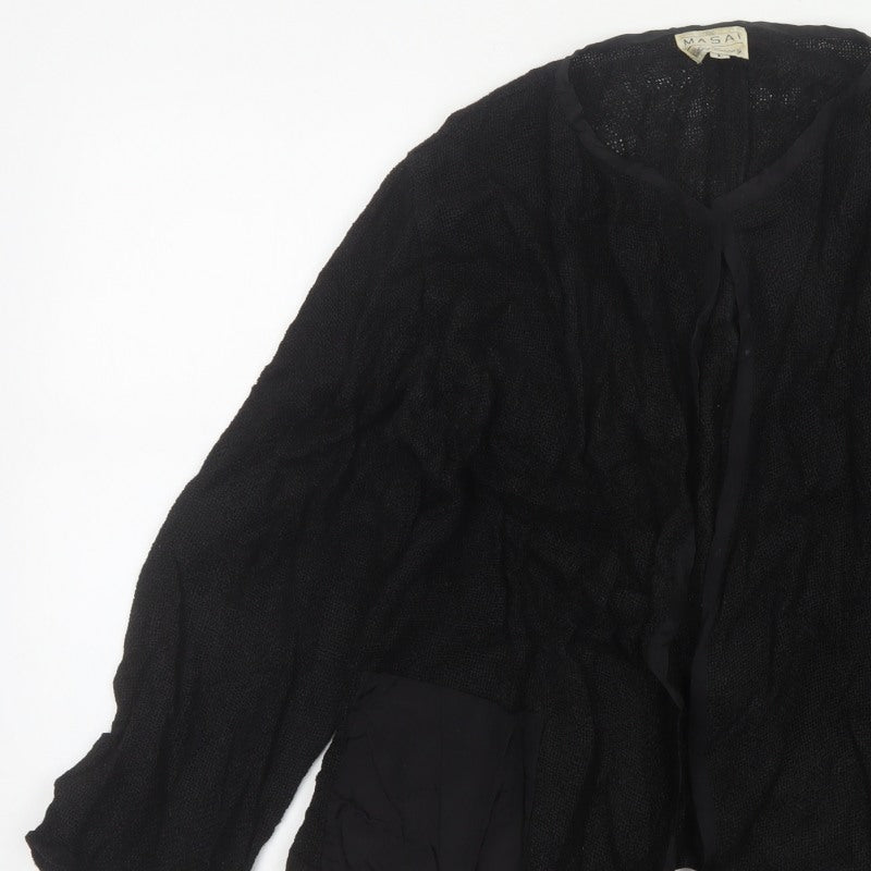 Masai Women Black L Open Knit V-Neck Pocket Cardigan Relaxed