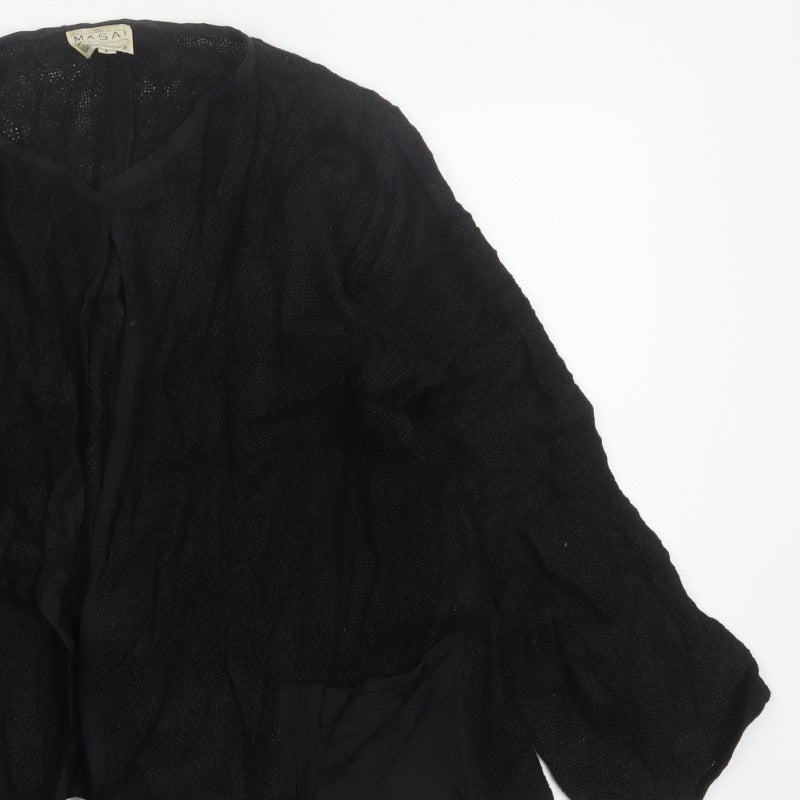 Masai Women Black L Open Knit V-Neck Pocket Cardigan Relaxed