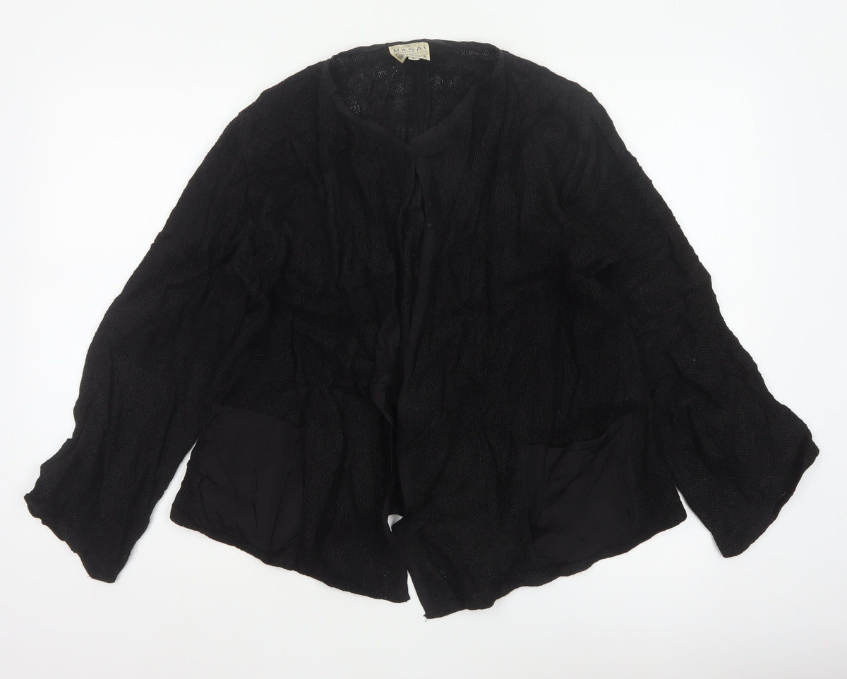 Masai Women Black L Open Knit V-Neck Pocket Cardigan Relaxed