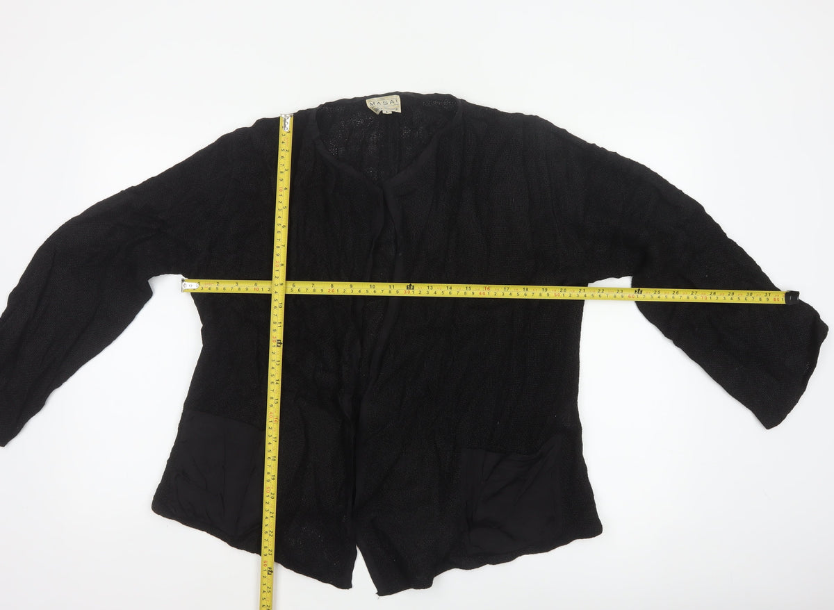Masai Women Black L Open Knit V-Neck Pocket Cardigan Relaxed