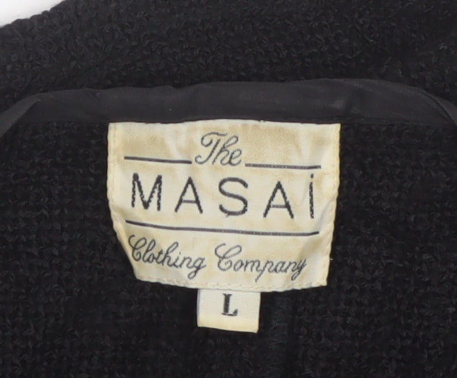 Masai Women Black L Open Knit V-Neck Pocket Cardigan Relaxed