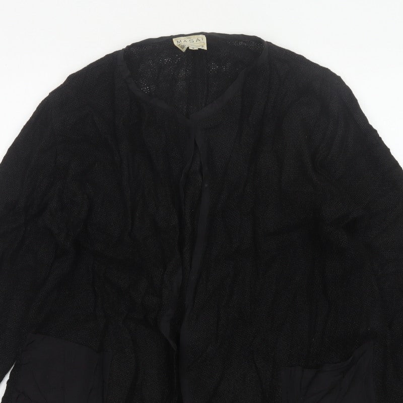 Masai Women Black L Open Knit V-Neck Pocket Cardigan Relaxed