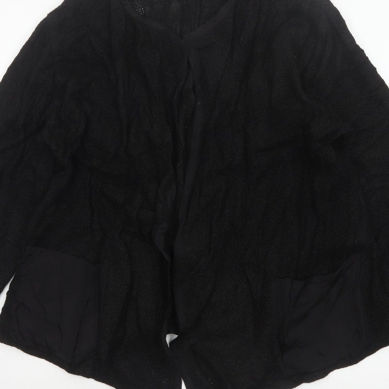Masai Women Black L Open Knit V-Neck Pocket Cardigan Relaxed