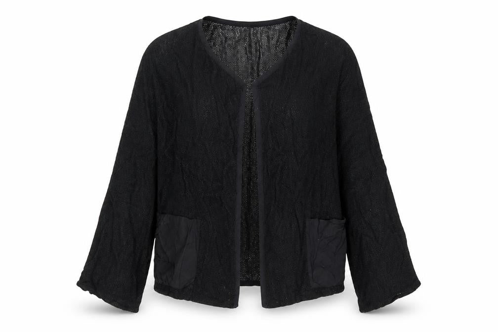 Masai Women Black L Open Knit V-Neck Pocket Cardigan Relaxed