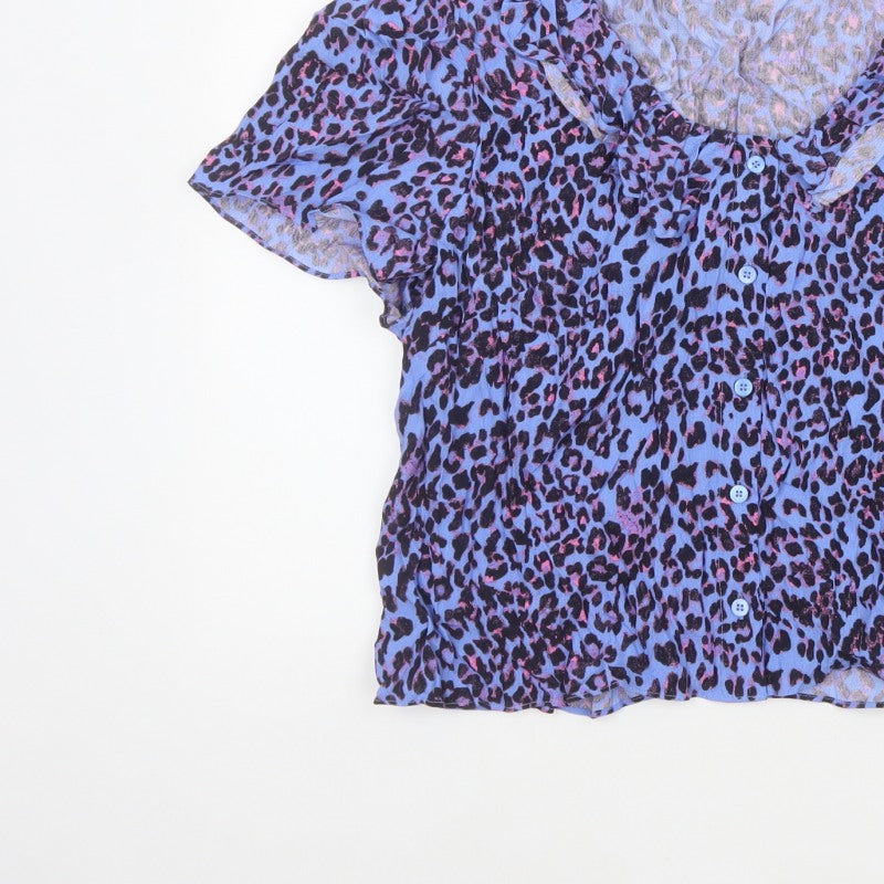 Whistles Women Blue Leopard Print Ruffle Button Blouse UK 18