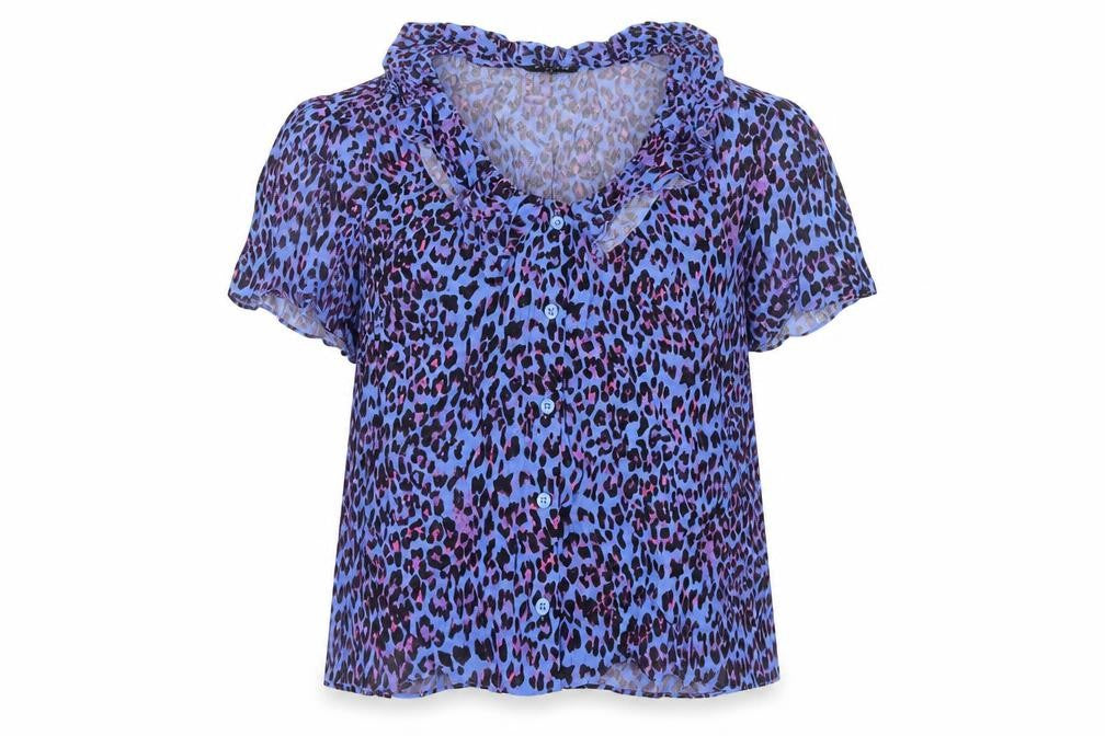 Whistles Women Blue Leopard Print Ruffle Button Blouse UK 18