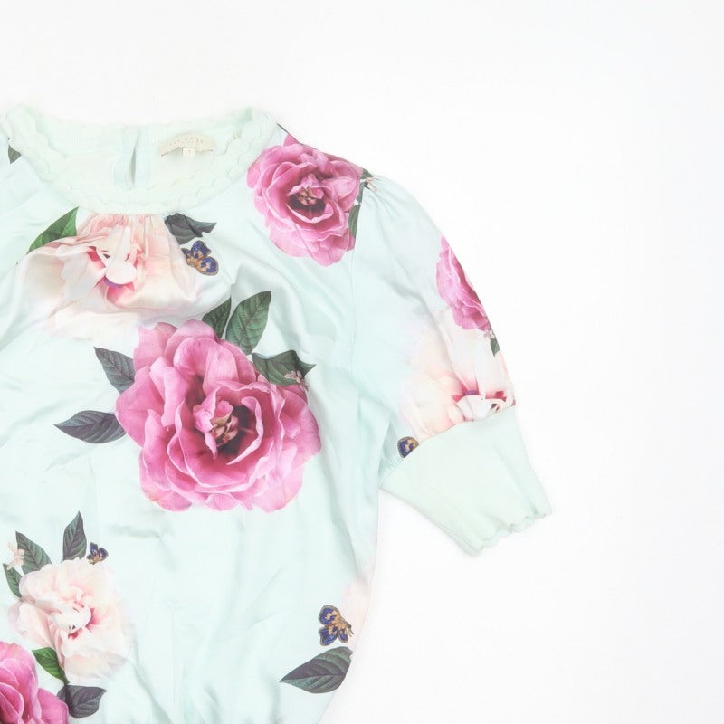 Ted Baker Women Green UK 8 Floral 3/4 Puff Sleeve Satin Blouse