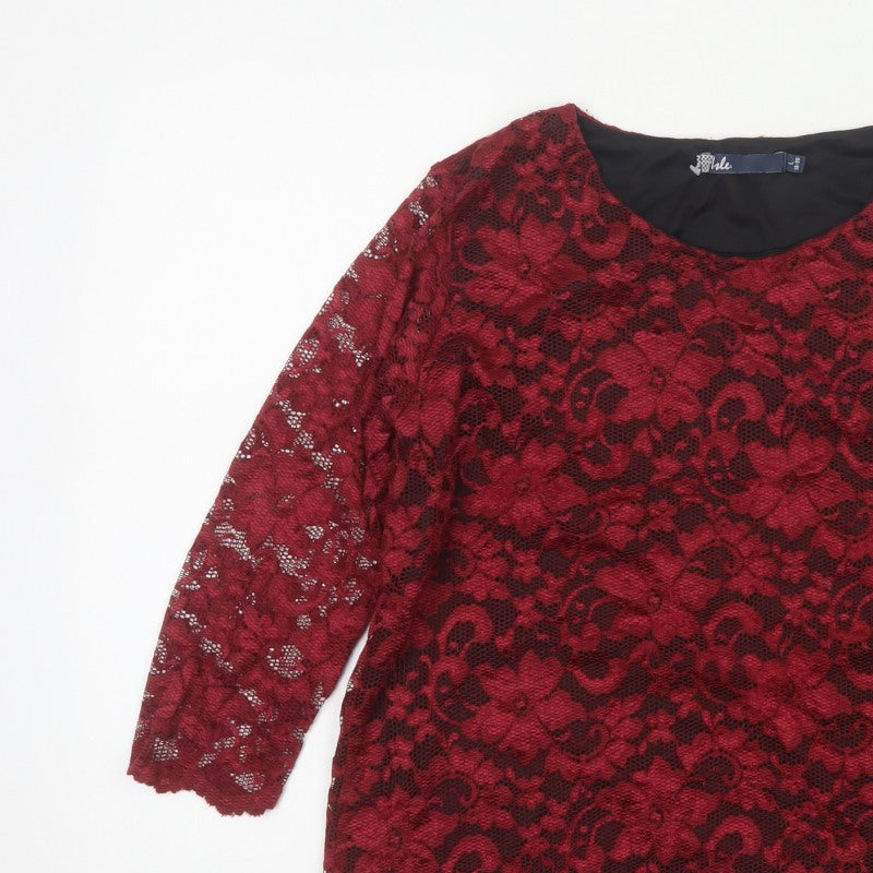 Tille Women Red Floral Lace L 18 3/4 Sleeve Lined Party Blouse