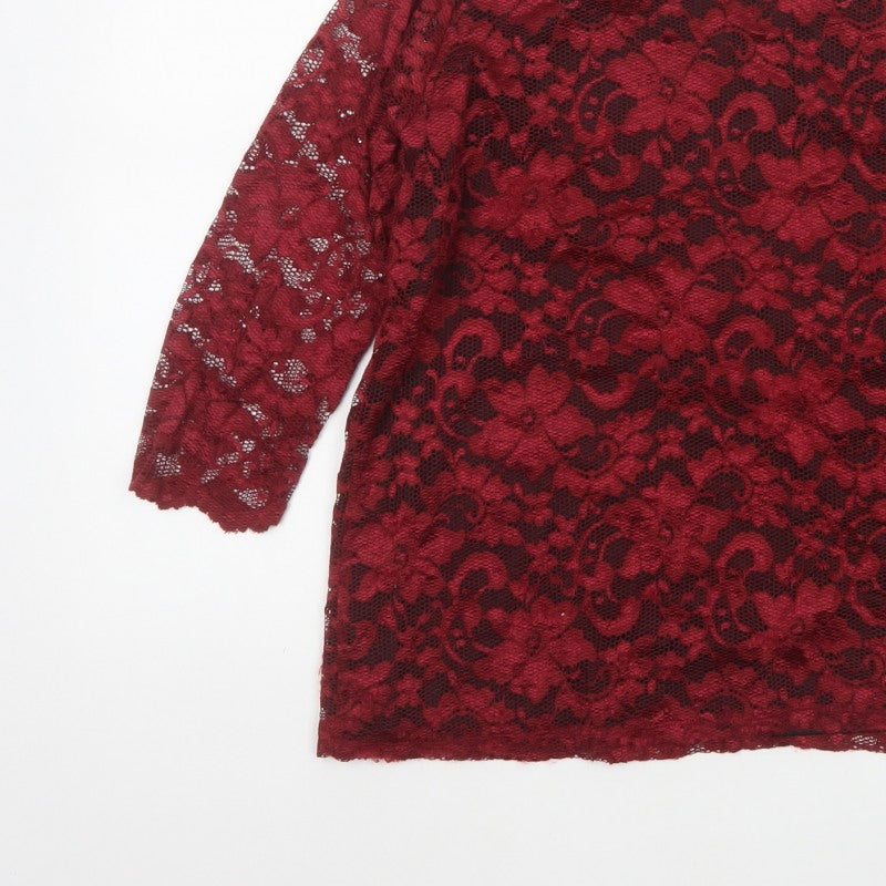 Tille Women Red Floral Lace L 18 3/4 Sleeve Lined Party Blouse
