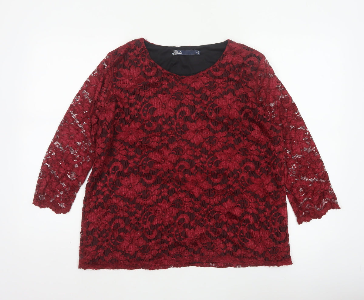 Tille Women Red Floral Lace L 18 3/4 Sleeve Lined Party Blouse