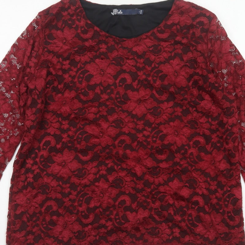 Tille Women Red Floral Lace L 18 3/4 Sleeve Lined Party Blouse