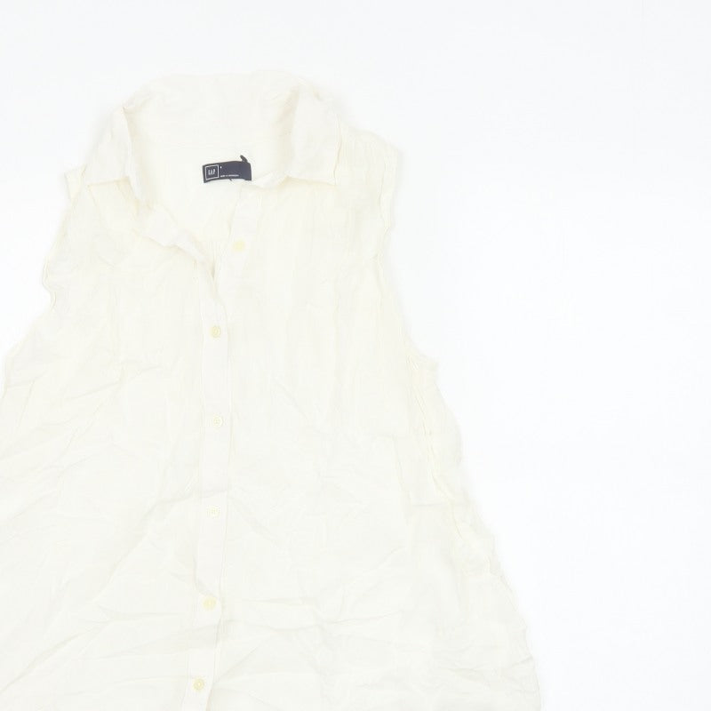 GAP Women White S Sleeveless Ruffle Collar Rayon Button-Up Blouse