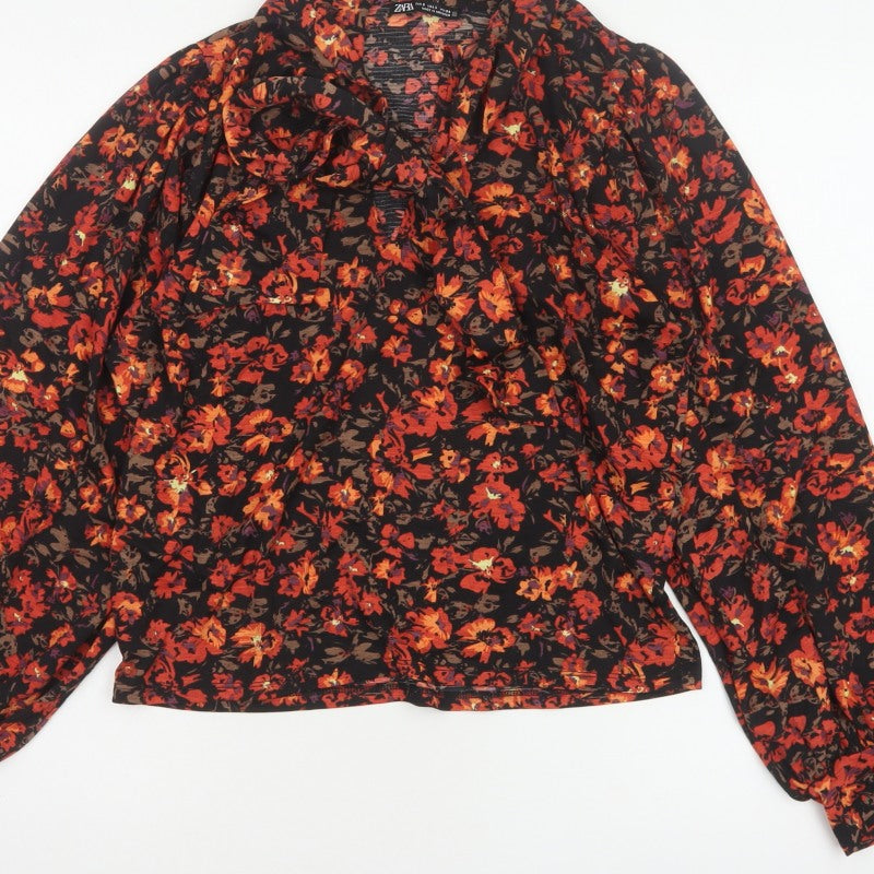 Zara Women Multicoloured Floral S Cropped Cowl Neck Balloon Sleeve Blouse