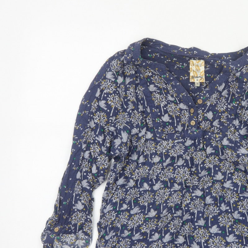 Mantaray Women Blue Size 14 Floral Long Sleeve V-Neck Blouse