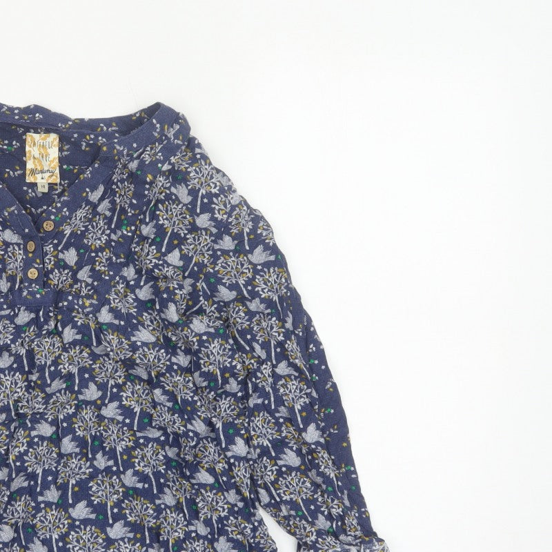 Mantaray Women Blue Size 14 Floral Long Sleeve V-Neck Blouse