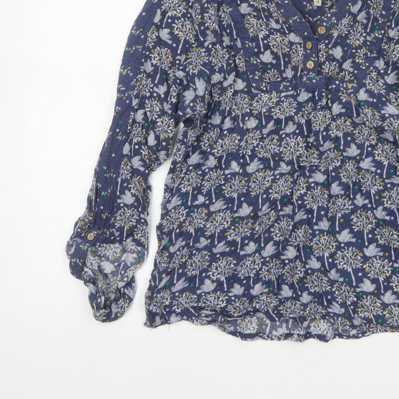 Mantaray Women Blue Size 14 Floral Long Sleeve V-Neck Blouse