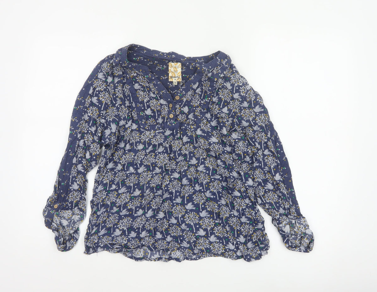 Mantaray Women Blue Size 14 Floral Long Sleeve V-Neck Blouse